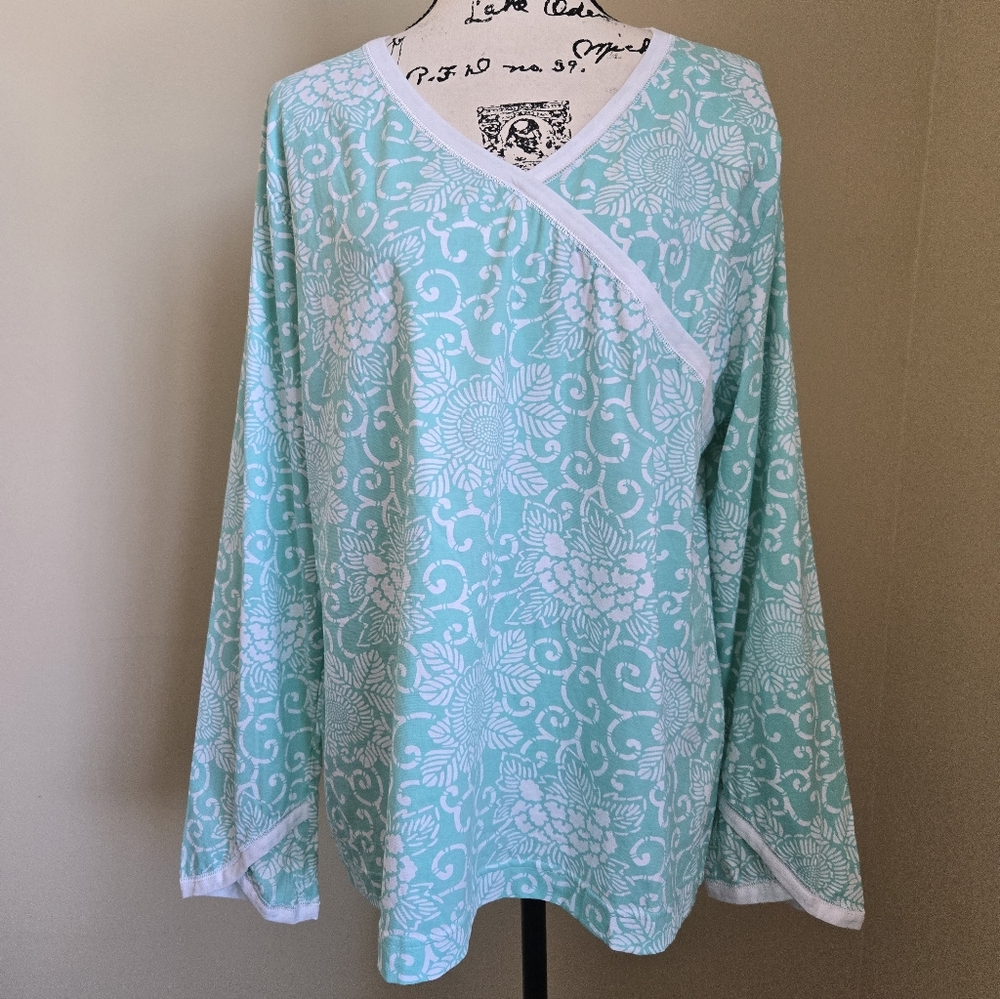 Garnet Hill Green Cotton Sleep Shirt Womens XL oriental Lightweight Pullover